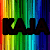 Rainbow striped background with black text reading "KAJA IS" and "TSON" in pixelated font, partially obscured by a gray rectangle.