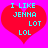 Two identical red heart shapes on a bright pink background with cyan text reading "I LIKE JENNA LOT LOL" in pixelated font.