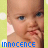 repeated baby images with light green polka-dot borders, blue text reading 'Innocence', and scattered pink heart symbols