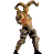 Pixelated figure in dynamic pose with arms raised, wearing camouflage-patterned clothing and dark boots against a solid gray background.
