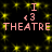 Pixelated pink text 'THEATRE' with 'I' and '3' symbols above it, repeated twice on a black background with yellow star-like patterns.