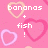 Pink background with layered heart shapes and pixelated text reading 'bananas + fish !' on left, 'ssquared + hamy !' on right.