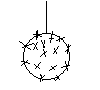 Three views of a pixelated spherical object with a black outline, hanging from a vertical line, each showing different internal patterns of black X and + symbols on a white background.