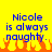 Yellow background with blue text reading "Nicole is always naughty." and orange pixelated flames at the bottom.