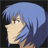 Pixelated anime-style character with blue hair and red eyes in profile view next to stylized text on black background