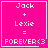 Four identical pink square with white text and symbols, each displaying 'Jack + Lexie = FOREVER<3' but differing in the final symbol