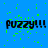 Blue background with green pixelated noise and repeated black text 'PUZZY!!!' in a pattern
