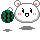 Pixel art of a white mouse-like character with pink cheeks and ears, holding or interacting with green watermelon slices on a gray background.