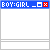 Animated contact sheet of 25 AIM buddy icon frames showing text-based interactions between 'BOY' and 'GIRL' with evolving phrases like 'WHAT SHOULD I DO?' and 'DO YOU THINK MY HEART SAYS?'.
