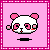 A 4x3 contact sheet of a pixel art panda animation with pink ears and eyes, displayed on a pink background with white dotted borders.