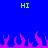 Blue background with green 'HI' text at top corners and pink pixelated flames along the bottom edge.