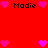 Red background with multiple pink heart icons and black text reading "Modie" in pixelated font.