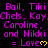 Static image with repeated text in purple and yellow on black background, featuring names and a heart symbol.