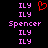 Pixelated text and a red heart icon on a black background, with repeated 'ILY' and 'Spencer' text in pink.