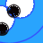Blue background with white circular shapes, black circular eyes, and a black heart shape; text 'Carolyn' in dark script font.