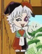 Chibi character with white hair, purple eye patch, and red-black jester hat in four poses against wooden background.