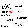 A static image displays multiple variations of the word 'Love' in pixelated fonts with one red heart symbol, all on a white background.