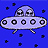 Pixelated UFO icon with dome-shaped cockpit, circular windows, and landing gear against a blue starry background.