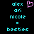 Pixelated cyan text lists names above equals sign and 'besties' below, with a pink heart symbol between two identical name sets on black background.