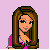 Pixelated cartoon character with long brown hair and pink top, transitioning to full-body view showing patterned shorts and white platform shoes on light purple background.