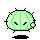Pixelated green cactus-like figure with black accents, two zigzag eyes, and a small side bud on gray background.