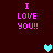 Dark red background with pink text reading "I LOVE YOU!!" and two pixelated hearts in cyan and teal.