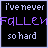 Pixelated text displays 'i've never fallen so hard' with alternating purple and pink lettering on a black background, arranged in a of