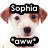 A static image of a dog with brown and white fur, black nose, and dark eyes. Text overlays read "Sophia" at top, "aww" below the face, and "DEVIL I TELL YOU! MUHAHA" in stacked blocks on the left.