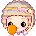 Pixel art character with striped hair and pink accessory blowing bubble gum, shown in multiple expressions across a