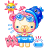 A 4-frame animated contact sheet of a cartoon character with pink hair, blue goggles, and a blue floatie in a pool setting with suns and bubbles.