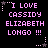 Pixelated text in pink reads "I LOVE CASSIDY ELIZABETH LONGO !!!" on a black background with small star and dot decorations.