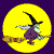 Animated contact sheet of a witch riding a broomstick against a yellow circular background on purple, with seven sampled frames showing motion progression.