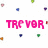 Pixelated pink text 'TRFVOR' dominates the center of a white background, surrounded by scattered small colored squares in blue, green, yellow, orange, red, and gray.