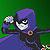 Pixelated character with purple hood and dark clothing against green background, holding white object near face.