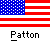 Animated sequence of a cartoon figure against an American flag background with repeated 'Patton' text below each frame.