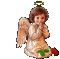 Pixelated angel figure with brown hair, green halo, white dress, and red rose prop in four variations showing wing position changes.