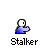 Pixel art of a blue-shirted character with white head and black eyes, shown in multiple poses with yellow-shirted characters and white/grey silhouettes, labeled 'Stalker' beneath each.