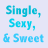 Pixel art image with light blue background, blue text reading "Single, Sexy, & Sweet," pink heart, and a character in pink top and brown skirt.