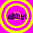 Four identical circular icons with yellow concentric rings on a bright pink background, each containing the text 'abby!' in dark blue pixelated font.