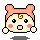 Pixel art character with peach hair, brown spiral mark on forehead, black eyes, pink cheeks, and open mouth in two variations showing different hand positions.