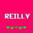 Pixelated white text 'REILLY' on bright pink background with green and brown star-like symbols below.