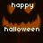 Pixelated orange pumpkin face with heart-shaped eyes and jagged mouth, displaying 'happy' above and 'halloween' below on dark background.