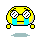 Yellow pixelated face with black outline, white glasses, blue tears, and yellow hands on gray background.