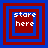 Four identical pixelated squares with red and blue borders display 'store here' text in white, arranged in a on a solid blue background