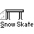 Pixelated animation of a blue-clad skater performing tricks on gray tables with white ramps against a light gray background, text "Snow Skate" repeated below.