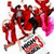 Animated sequence of red-clad figures in dynamic poses with pink accents, holding a sign with partially visible text.