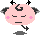 Pixelated pink circular character with closed eyes, black 'G' on head, two small pink crosses on cheeks, and a single black leg in motion against gray background.