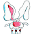 Pixelated bunny head with white ears, pink inner ear details, and a red nose on gray background; green text 'Original Icons .com' on dark green background.
