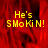 Red background with yellow text reading 'He's SMOKiN!' in pixelated font, displayed across multiple