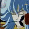 Animated sequence of a blue-haired anime character with light skin, wearing a brown top and dark collar, displaying multiple facial expressions including neutral, smiling, and surprised.
